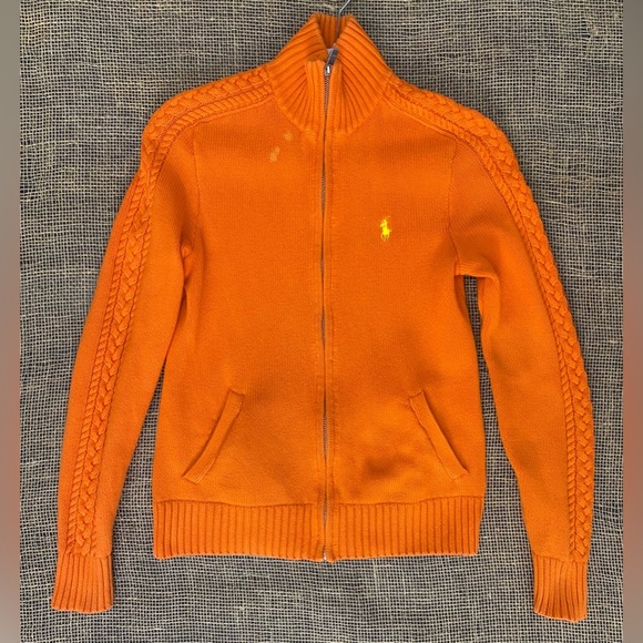 Ralph Lauren Sport Orange Full Zip Cardigan, Size S/P, Yellow Logo, Pockets - Picture 1 of 11